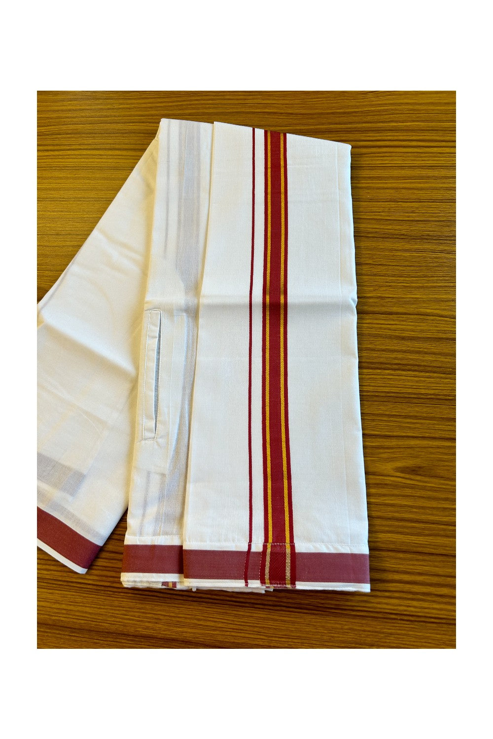 KaithariKada Balaramapuram COTTON SINGLE PURE WHITE VELCRO Mundu/Dhoti - 1.75inch Maroon & Kasavu kara (2 metre / 4 muzham)- 25KK485SRI