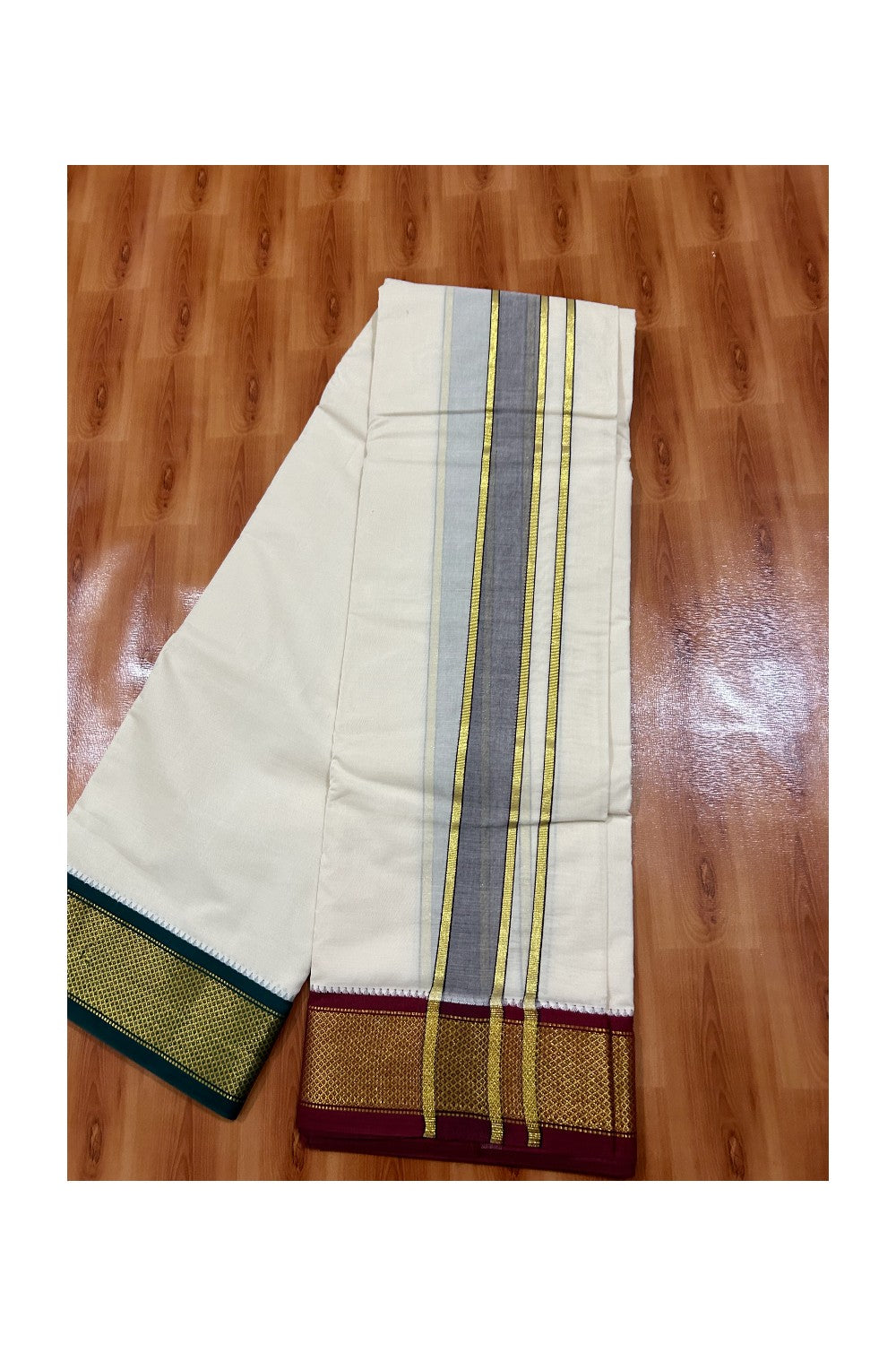 38% DISCOUNT! KaithariKada 100% Cotton Off White - (Unbleached) 100x100 thread - NORTH INDIAN - ATTACHED GAMCHA 9X5 Dhoti 2.75 inch Purple kara with Maroon &Green Kasavu border  - 25KK5005PMC