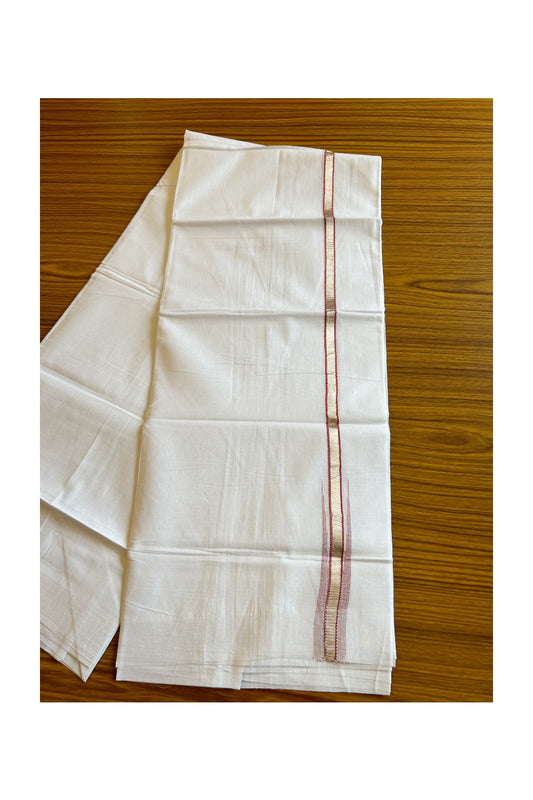8% Discount ! Kaitharikada Balaramapuram 100% Cotton PURE WHITE Double Mundu/Dothi - 0.5 inch (2 meter / 4 muzham) Silver Kasavu & Dark Peach Striped Chutty Kara - 25KK5032GAN