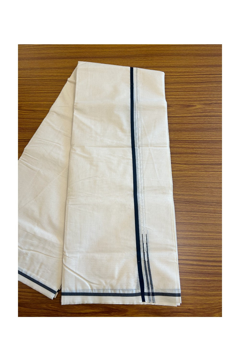 33% OFFER ! KaithariKada Balaramapuram 100% Cotton Double OFF WHITE (Unbleached) - Mundu/Dhoti-100x100  Puliyilakkara Chutty Black & SILVER Kasavu double chutty - 4KK88ASH