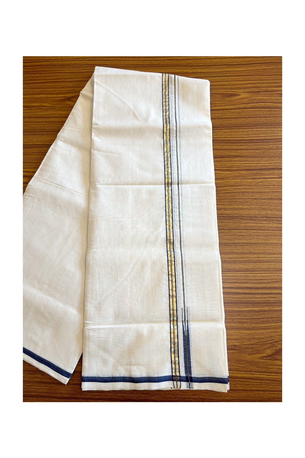 22% DISCOUNT!! KaithariKada HANDLOOM UNAKKUPAAV Balaramapuram - 100% PURE Cotton OFF White (Unbleached) Double Mundu/Dothi - Puliyilakkara kasavu Navy Blue chutty - 21KK403RAM.