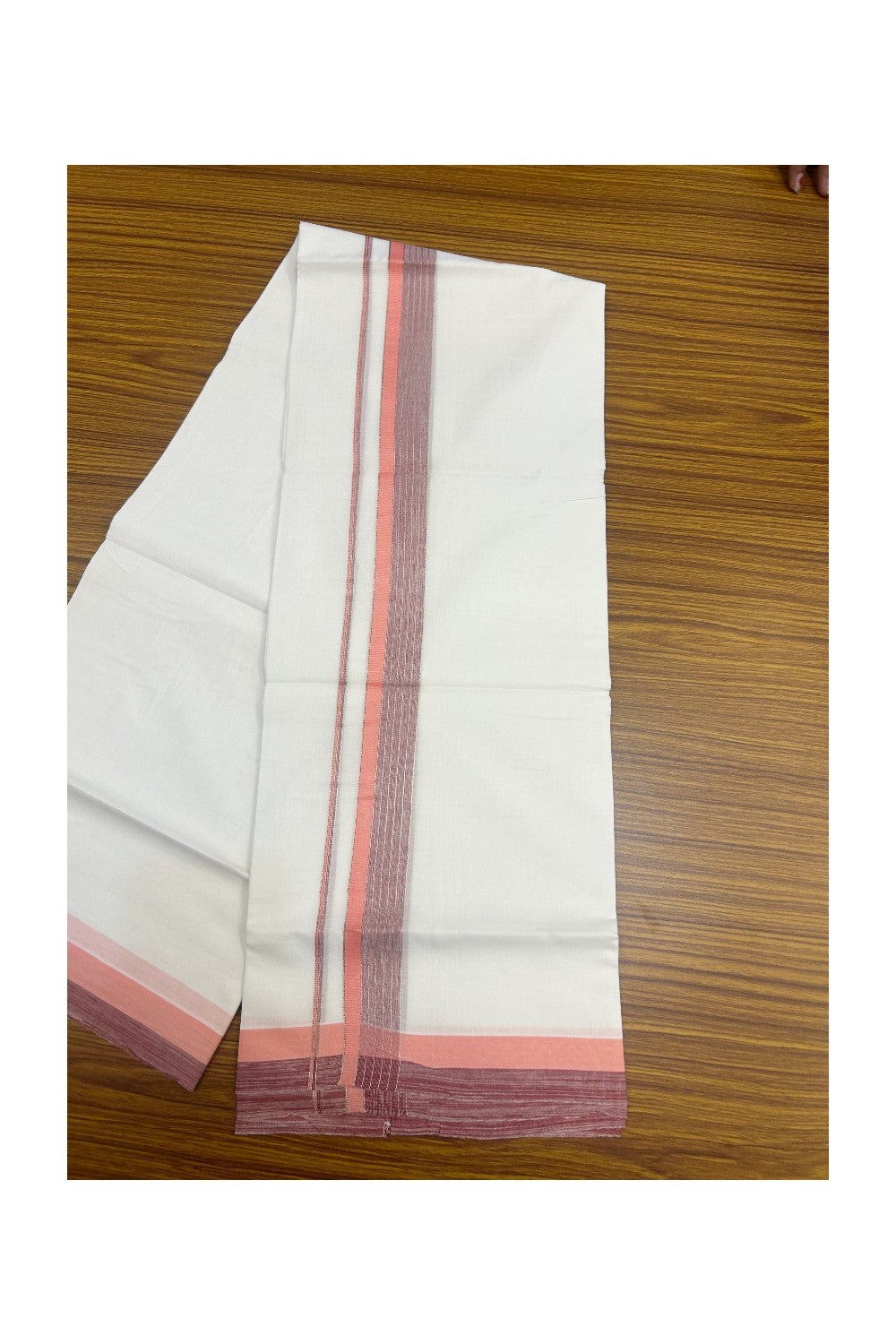 20% DISCOUNT ! KaithariKada Balaramapuram 100% Cotton Double PURE WHITE Mundu/Dhoti - 100X80 - 1.5 inch Silver kasavu Peach Pink & Maroon Shaded Stripes kara - 24KK5172PMC