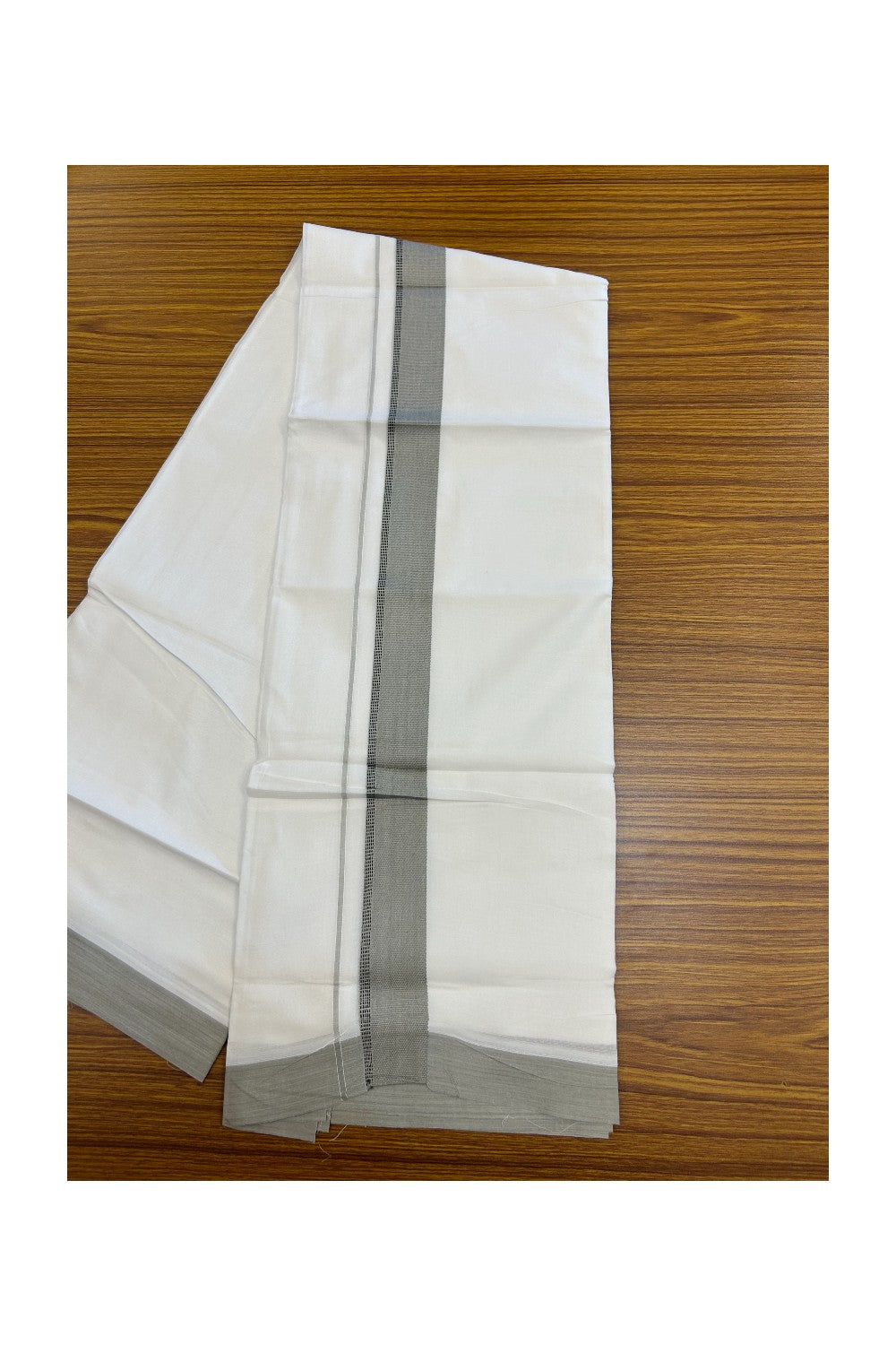 20% Discount ! Kaitharikada Balaramapuram 100% Cotton PURE WHITE Double Mundu/Dothi - 100x80 - 1.5 inch Sage grey & Black Side Striped Kara - 25KK5183VIN