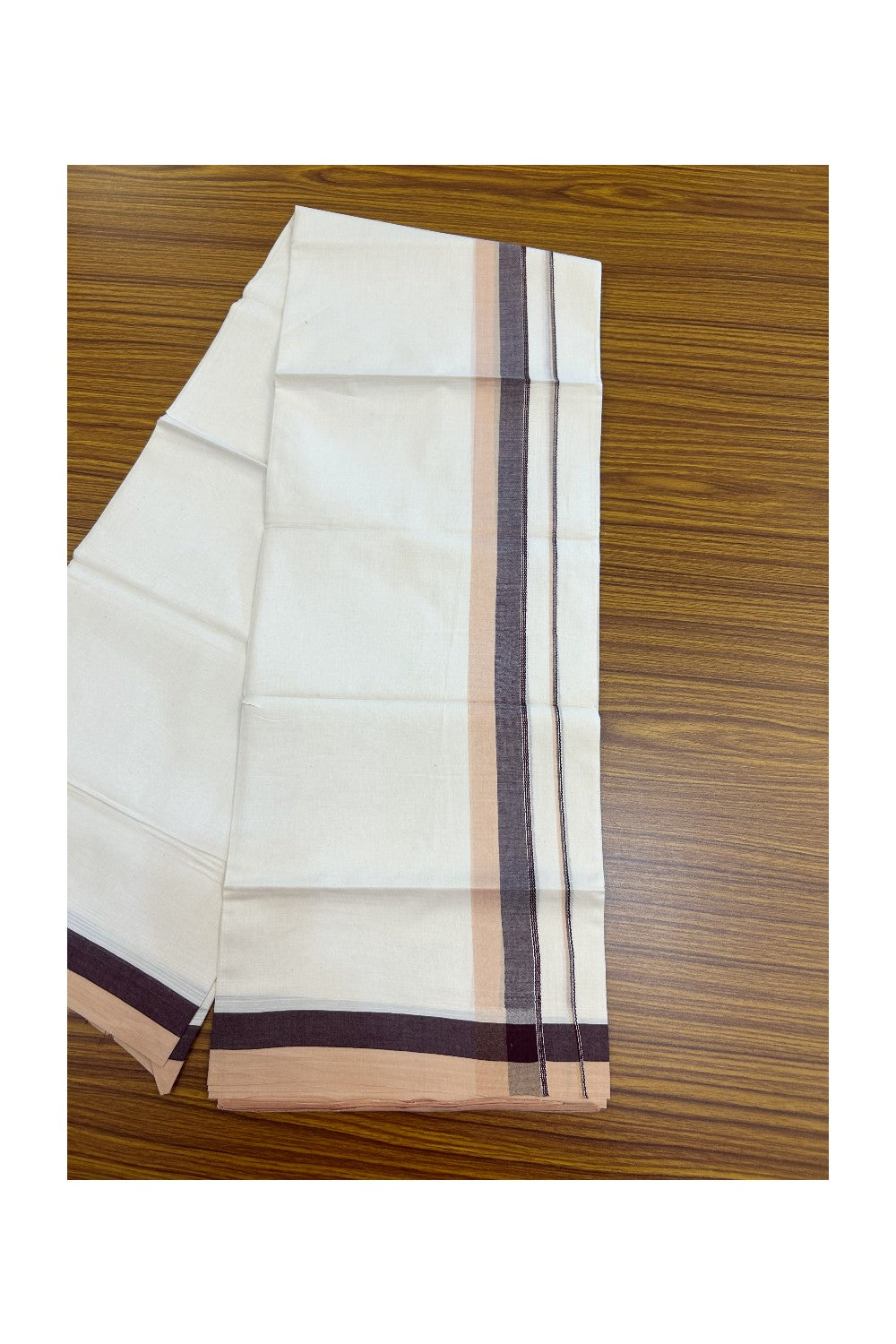 20% DISCOUNT !! KaithariKada Balaramapuram 100% Pure Cotton Double Off white - (Unbleached) Mundu/Dhoti-100x100 - 1.5 inch Puliyilakkara Silver Kasavu Wine Purple & Cream Shaded Stripes Kara - 25KK5186CKS