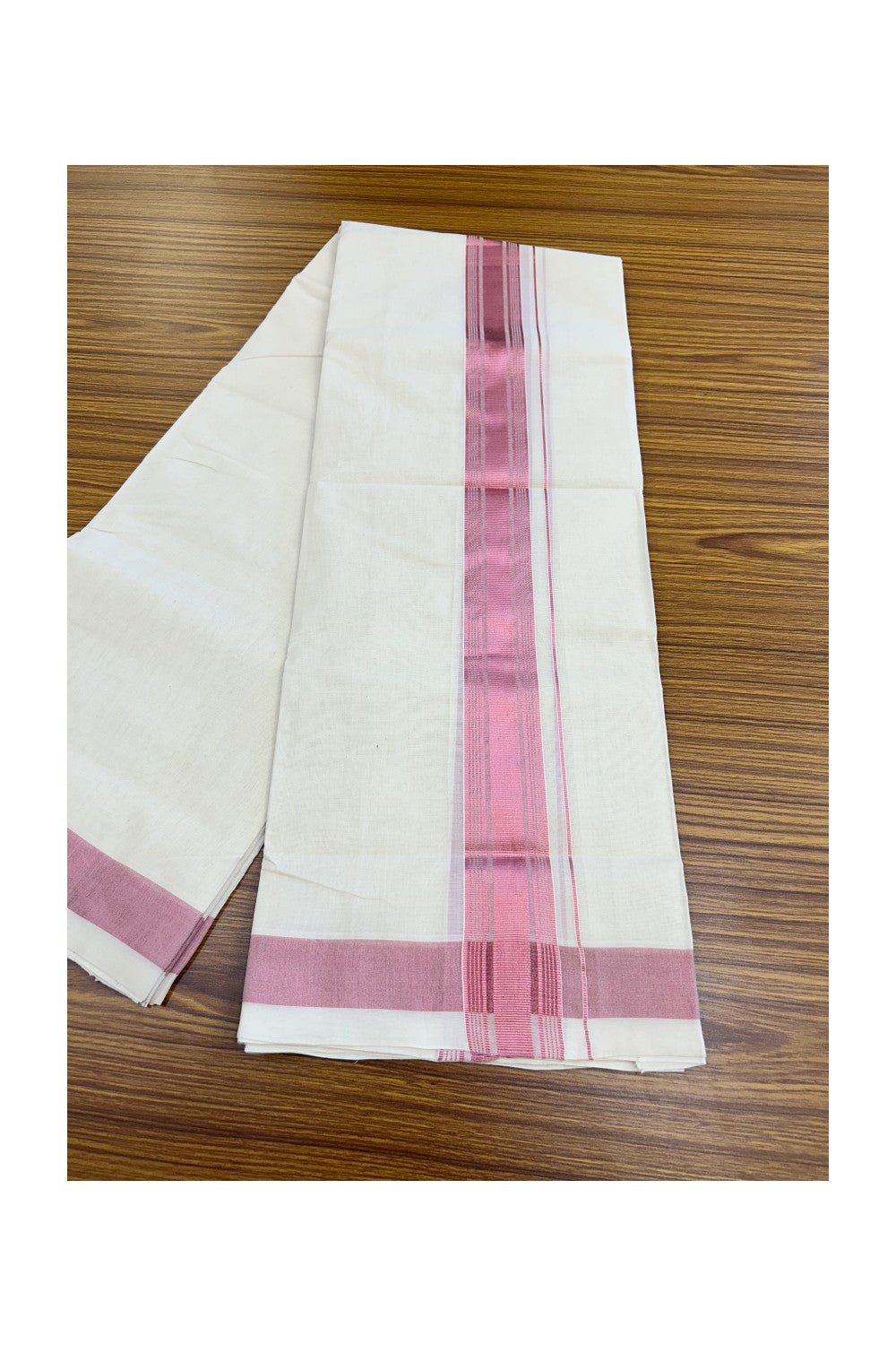 25% Discount!! KaithariKada Handlloom Millpaav Balaramapuram - 100% Pure Cotton Off White (Unbleached) Double Mundu/Dothi -80x90 - 1.75 inch Rose Pink Kasav Striped kara 4 mtr (8.5 muzham) - 25KK5234 RAM