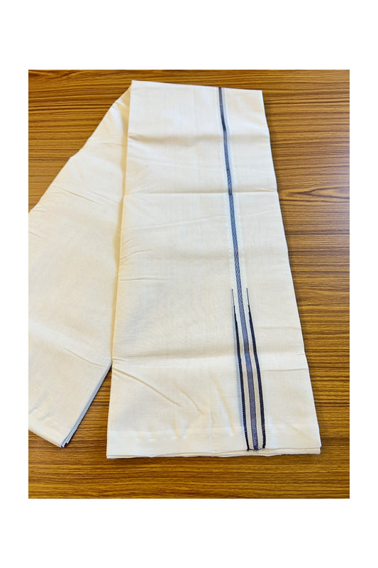 30% DISCOUNT! KaithariKada BALARAMAPURAM HANDLOOM MILLPAAV - 100% PURE Cotton Off white (Unbleached) Double Mundu/Dhoti - Silver black stripes  Black & Cream chutty puliyilakkara - 25KK72RAM