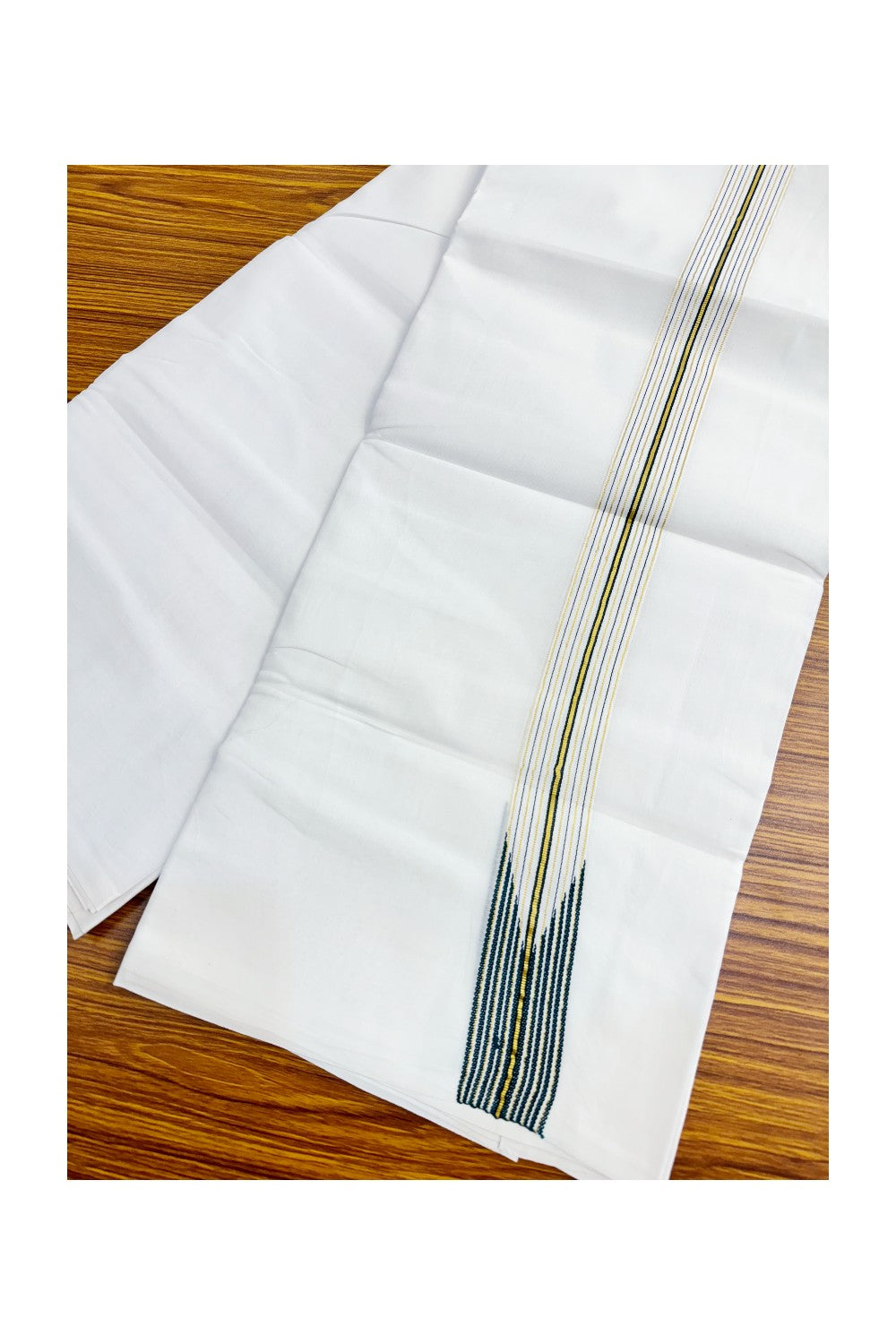 24% DISCOUNT ! KaithariKada 100% Cotton PURE WHITE Double Dhoti/Mundu-  1.25 Inch 12 Line Puliyilakkara Chutty GREEN & Kasavu Stripes-KK47ASH-25.