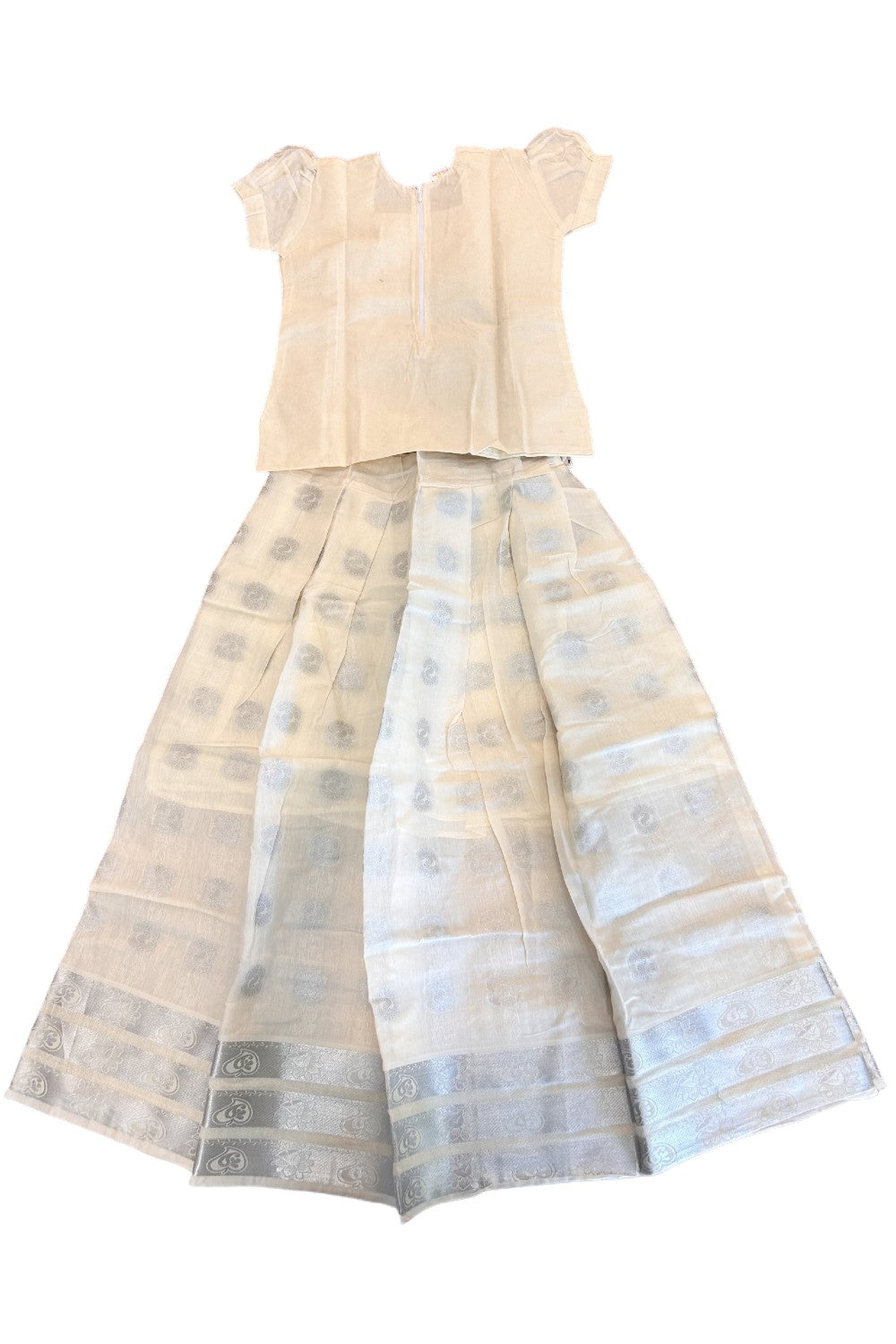 Midukki-Traditional South Indian Kids Pattu Pavada- offwhite top offwhite skirt with silver print- Age 12 - KK12MID0025