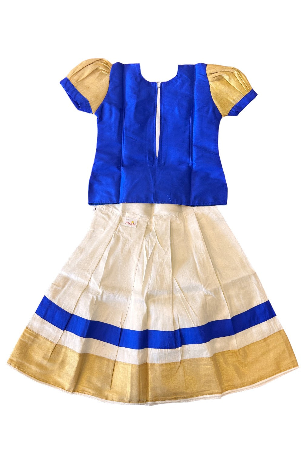 Midukki-Traditional South Indian Kids Pattu Pavada- Blue top offwhite skirt with kasavu- Age 4 - KK4MID0025