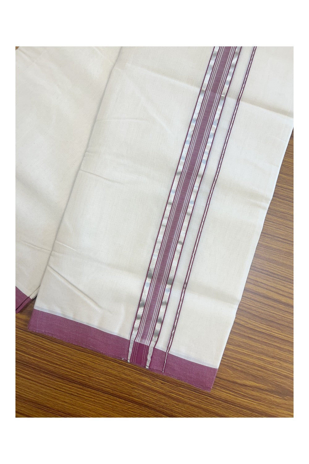 25% DISCOUNT!! KaithariKada HANDLOOM Millpaav Balaramapuram - 100% PURE Cotton OFF White Double - (Unbleached) Mundu/Dothi - 1.75 Inch Silver Kasav Maroon kara - 25kk5153RAM