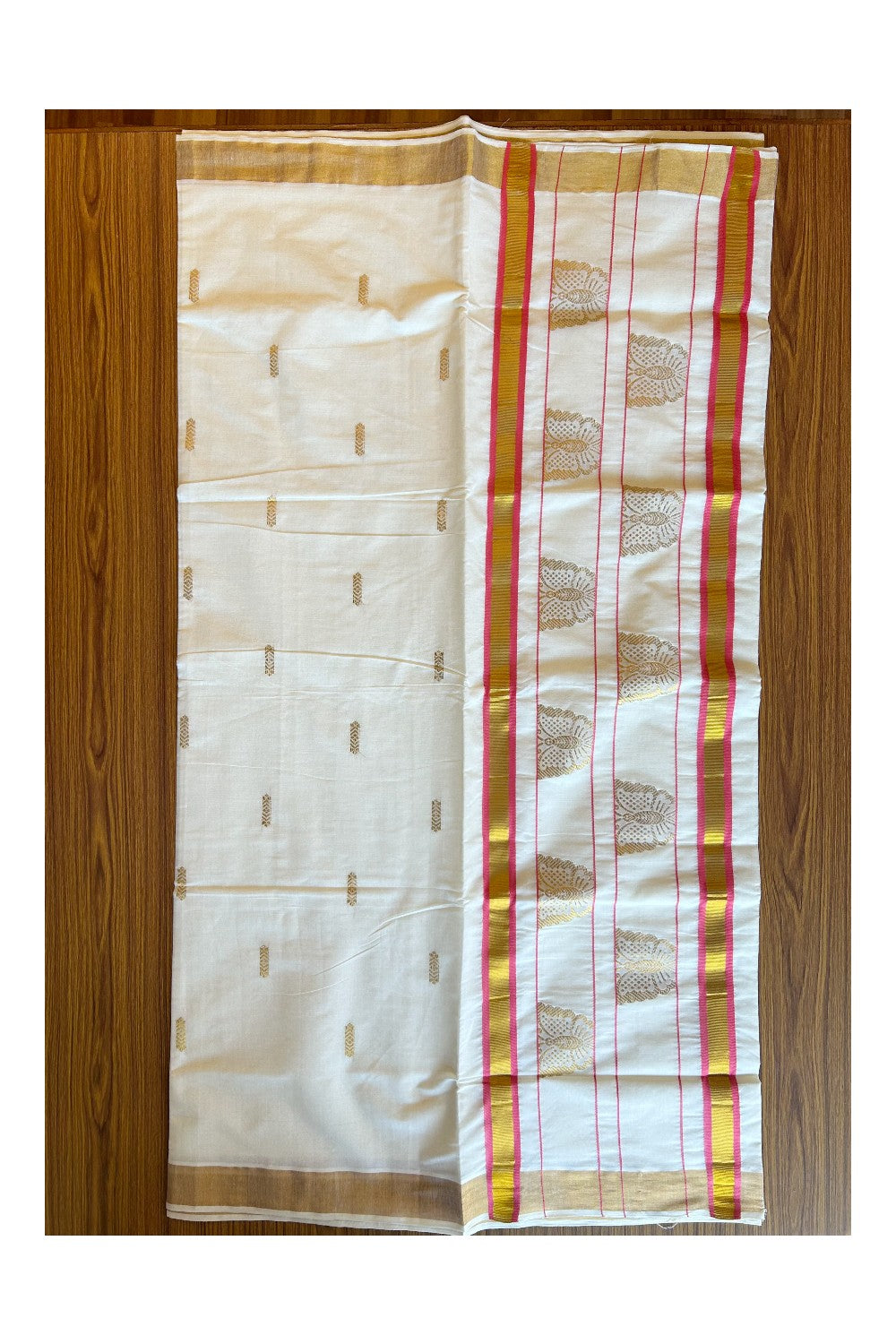 25% Discount! Kaitharikada Kerala Cotton Saree Off white - 12 inch Kasavu Zari with Pink & Butterfly Pattern Putta Design- 25KK303VIN