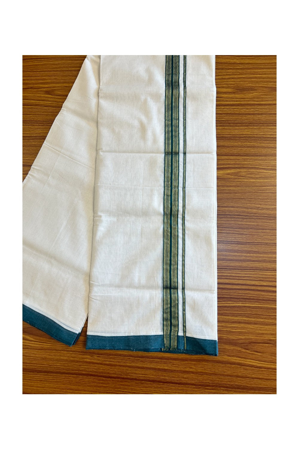 25% Discount!!! KaithariKada HANDLOOM UNAKKUPAAV Balaramapuram - 100% PURE Cotton off white (Unbleached) Double Mundu/Dhoti - 1.75 inch Dark green & kasavu pattern kara - 25KK458SOM