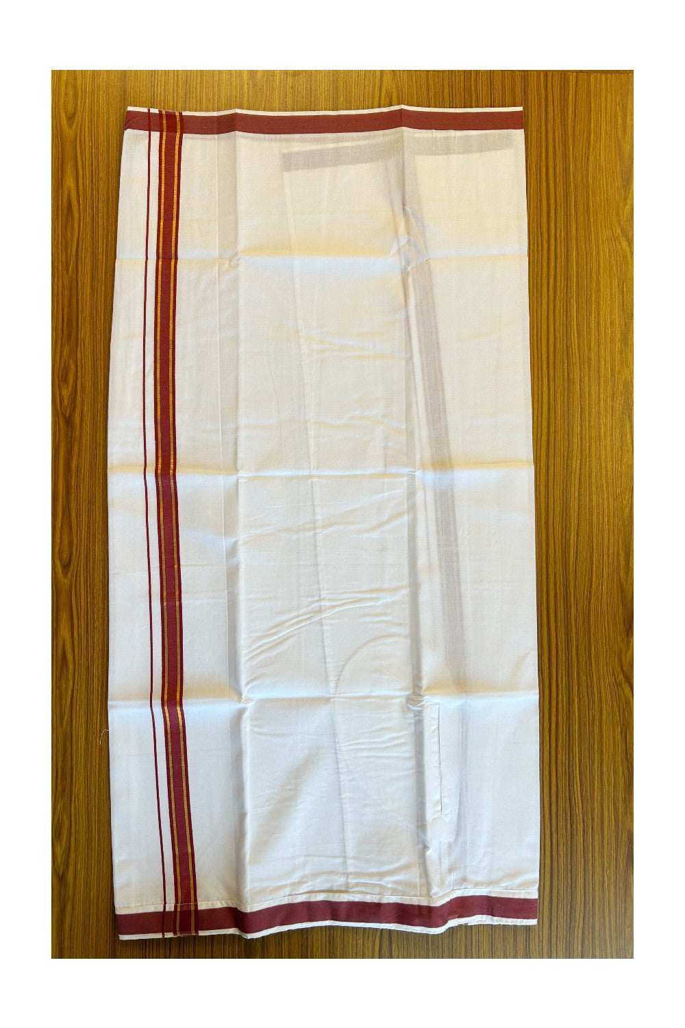 KaithariKada Balaramapuram COTTON SINGLE PURE WHITE VELCRO Mundu/Dhoti - 1.75inch Maroon & Kasavu kara (2 metre / 4 muzham)- 25KK485SRI
