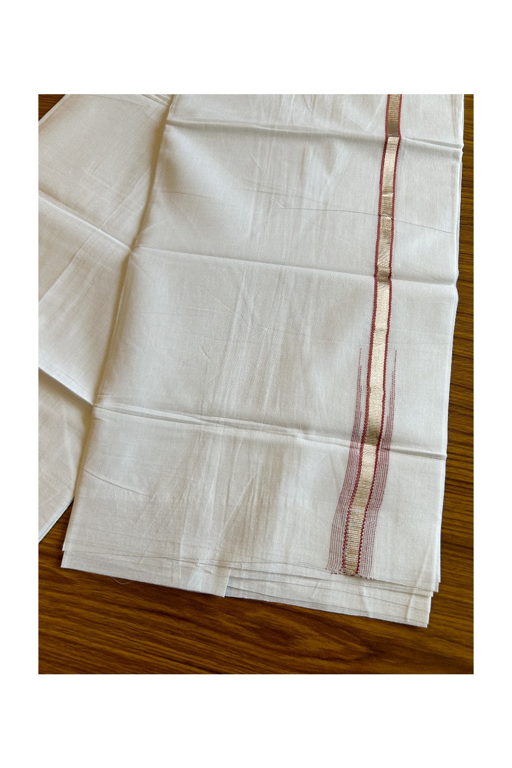 8% Discount ! Kaitharikada Balaramapuram 100% Cotton PURE WHITE Double Mundu/Dothi - 0.5 inch (2 meter / 4 muzham) Silver Kasavu & Dark Peach Striped Chutty Kara - 25KK5032GAN