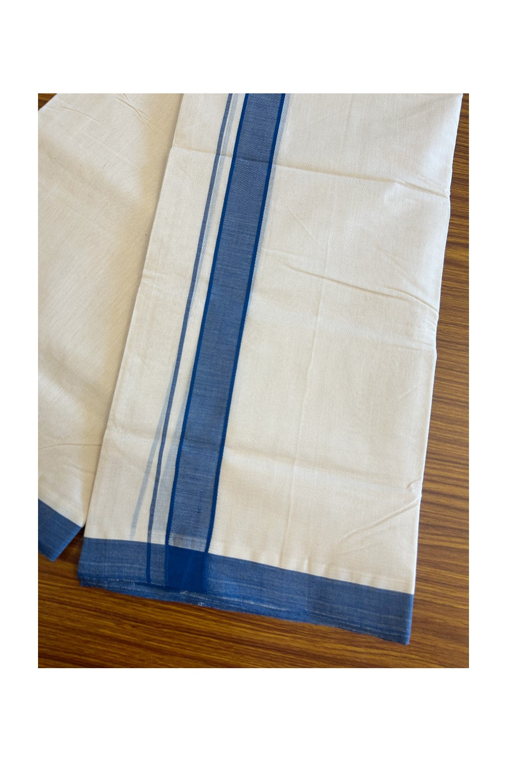 30% DISCOUNT! KaithariKada BALARAMAPURAM HANDLOOM Unakkupaav- 100% PURE Cotton 100x100 Double Mundu/Dhoti OFF WHITE (Unbleached) - Peacock Blue Stripes Kara