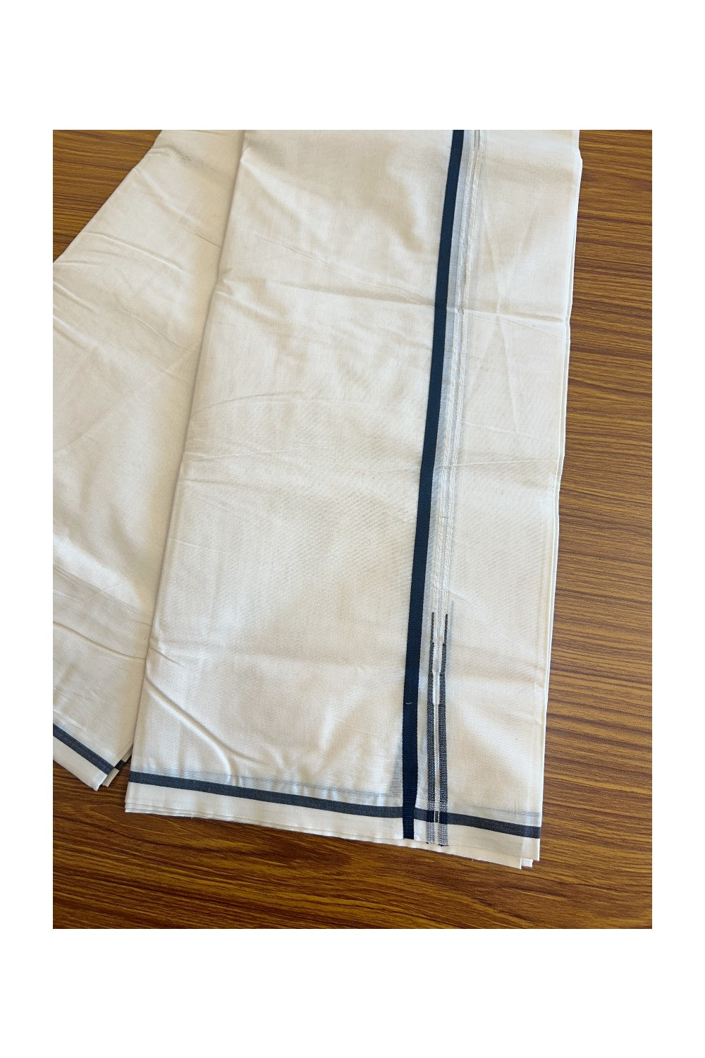 33% OFFER ! KaithariKada Balaramapuram 100% Cotton Double OFF WHITE (Unbleached) - Mundu/Dhoti-100x100  Puliyilakkara Chutty Black & SILVER Kasavu double chutty - 4KK88ASH