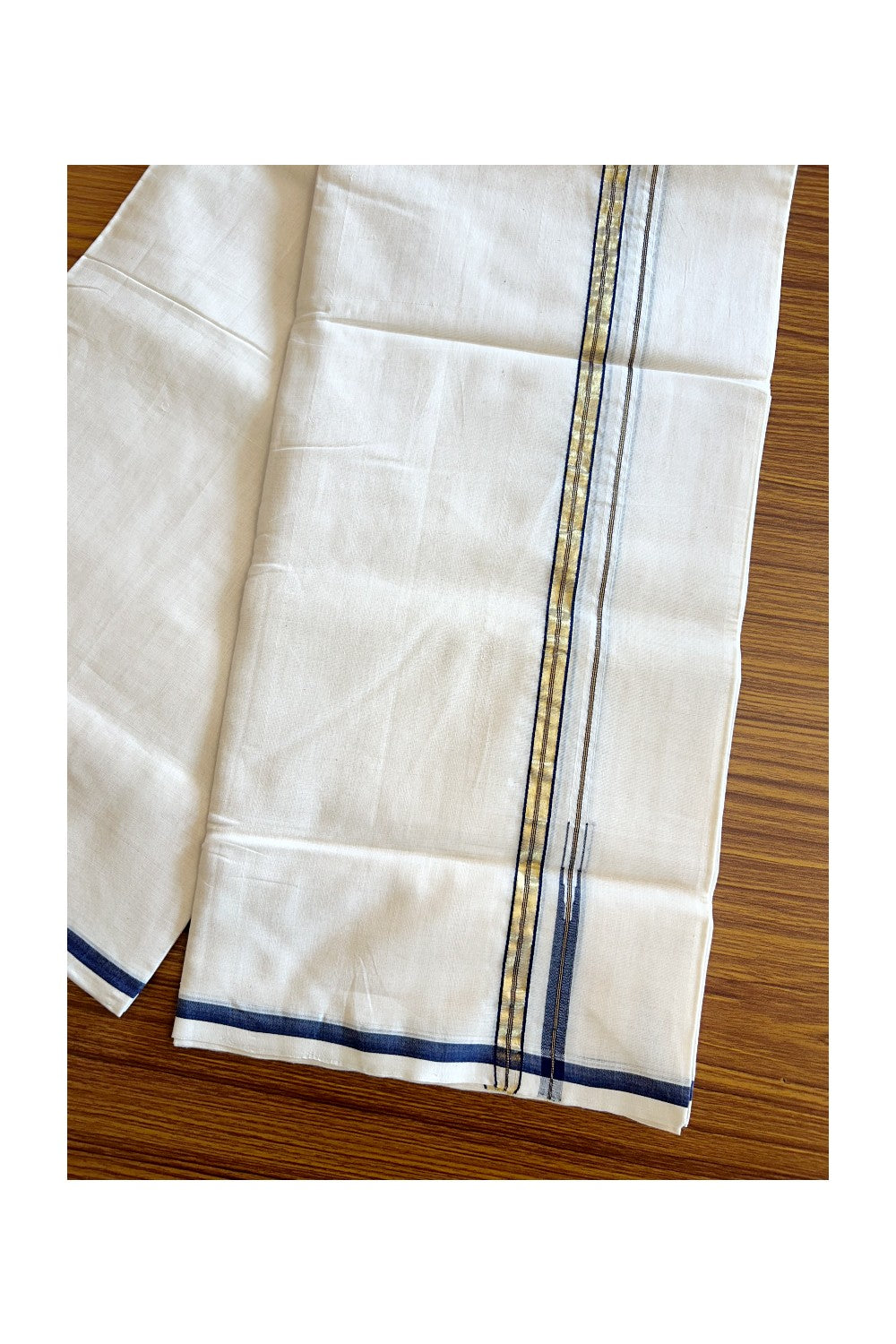 22% DISCOUNT!! KaithariKada HANDLOOM UNAKKUPAAV Balaramapuram - 100% PURE Cotton OFF White (Unbleached) Double Mundu/Dothi - Puliyilakkara kasavu Navy Blue chutty - 21KK403RAM.