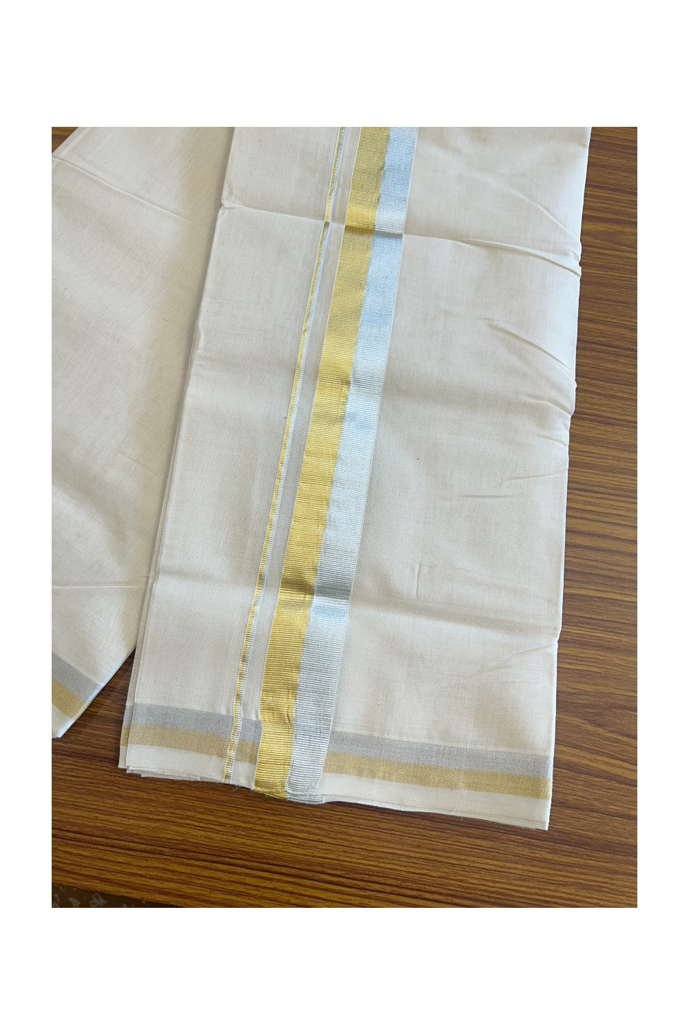 25% DISCOUNT ! KaithariKada HANDLOOM Millpaav Balaramapuram - 100% PURE Cotton Off White - (Unbleached) Double Mundu/Dhoti - 2.25 inch Gold Kasavu & Silver Kasavu Kara - 25KK5105RAM