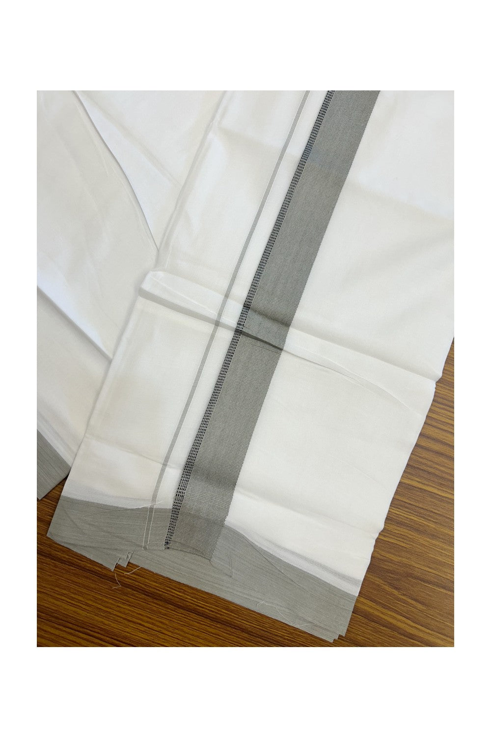20% Discount ! Kaitharikada Balaramapuram 100% Cotton PURE WHITE Double Mundu/Dothi - 100x80 - 1.5 inch Sage grey & Black Side Striped Kara - 25KK5183VIN