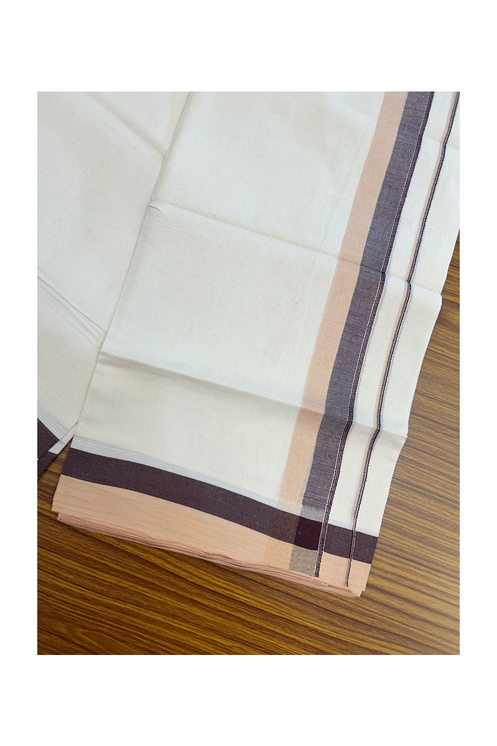 20% DISCOUNT !! KaithariKada Balaramapuram 100% Pure Cotton Double Off white - (Unbleached) Mundu/Dhoti-100x100 - 1.5 inch Puliyilakkara Silver Kasavu Wine Purple & Cream Shaded Stripes Kara - 25KK5186CKS