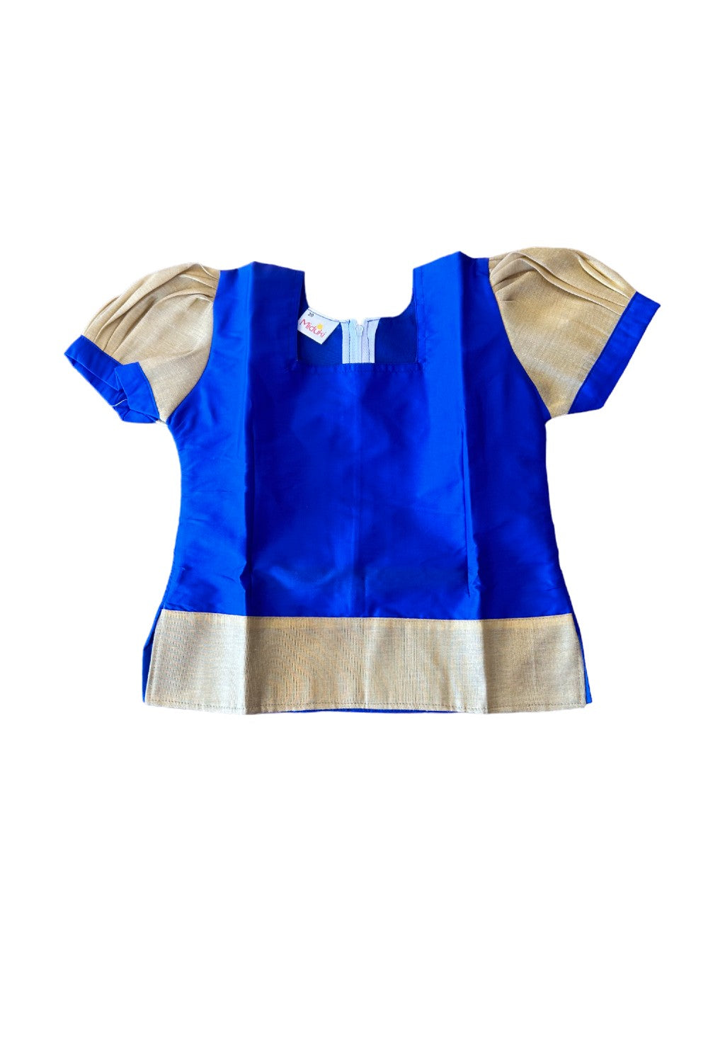 Midukki-Traditional South Indian Kids Pattu Pavada- Blue top offwhite skirt with kasavu- Age 4 - KK4MID0025