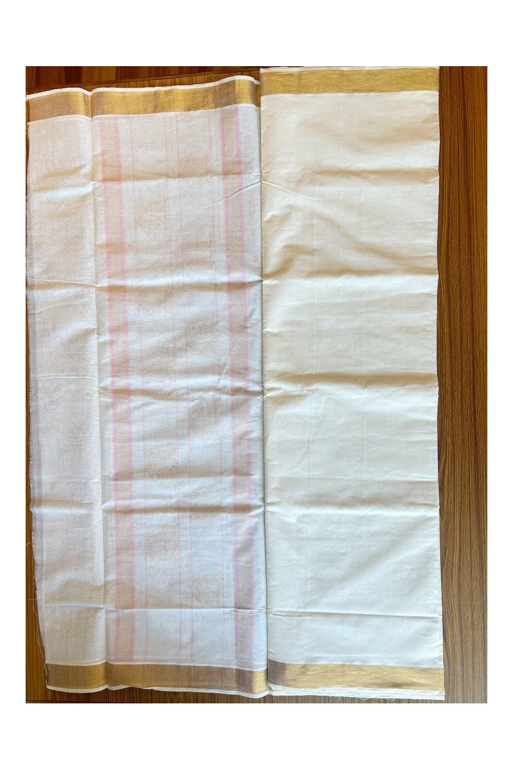 25% Discount! Kaitharikada Kerala Cotton Saree Off white - 12 inch Kasavu Zari with Pink & Butterfly Pattern Putta Design- 25KK303VIN