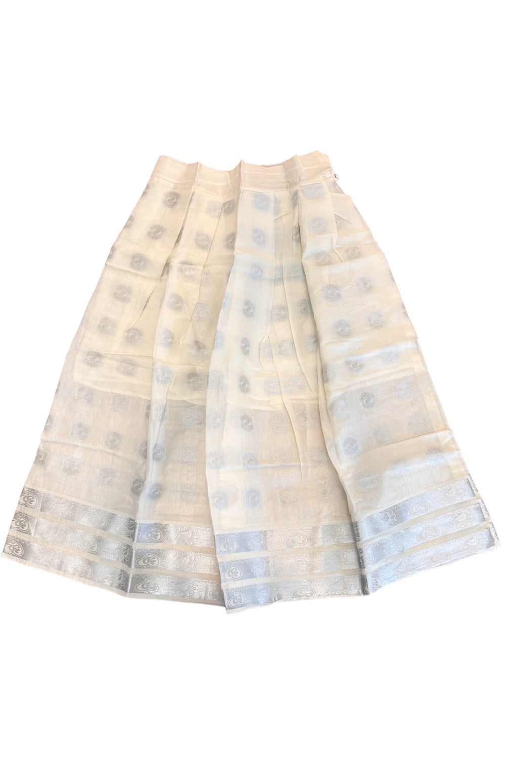 Midukki-Traditional South Indian Kids Pattu Pavada- offwhite top offwhite skirt with silver print- Age 12 - KK12MID0025