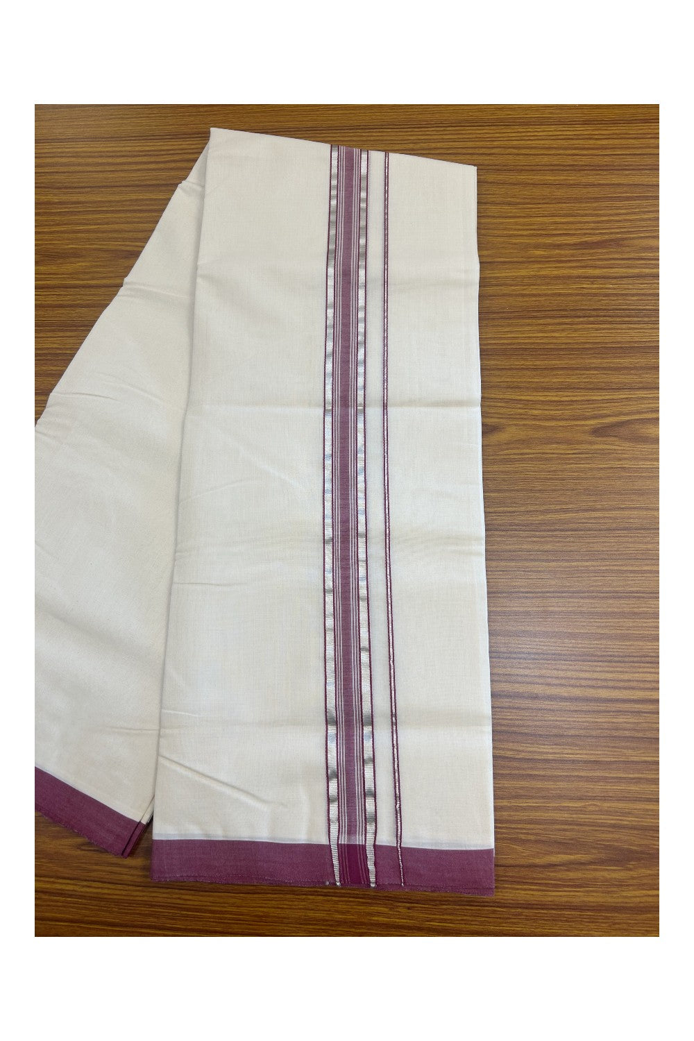 25% DISCOUNT!! KaithariKada HANDLOOM Millpaav Balaramapuram - 100% PURE Cotton OFF White Double - (Unbleached) Mundu/Dothi - 1.75 Inch Silver Kasav Maroon kara - 25kk5153RAM