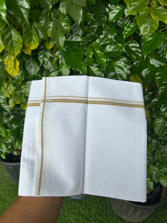 24% Discount !! KaithariKada Balaramapuram 100% Cotton Pure white Single Mundu/Dhoti - Twisted 60s Thread- 0.25 inch Brownish Yellow & Navy Blue Striped Kara (2 meter / 4 muzham) - 26KK5241 GL