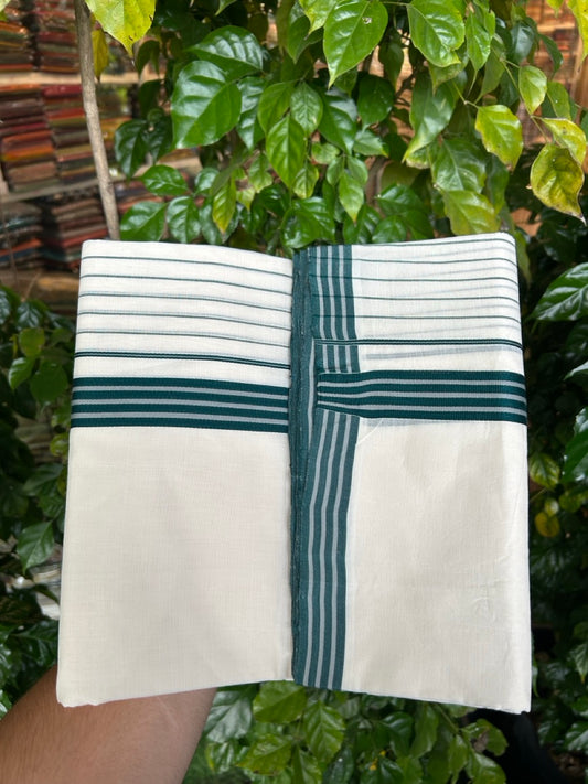 25% DISCOUNT!! KaithariKada HANDLOOM  UNAKKUPAAV Balaramapuram - 100% PURE Cotton OFF White - (Unbleached) Double Mundu/Dothi - 100 x 80 - 1 inch Green Ash Side Stripes Kara 3.80 meter & 4 Meter - 26 KK5249 REA