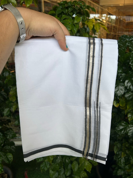20% Discount ! NEW! KaithariKada Balaramapuram 100% Cotton Pure white Double Mundu/Dhoti - (100x80)s - 0.75 Black Chutty Silver Kasav - 26 KK5252 CKS