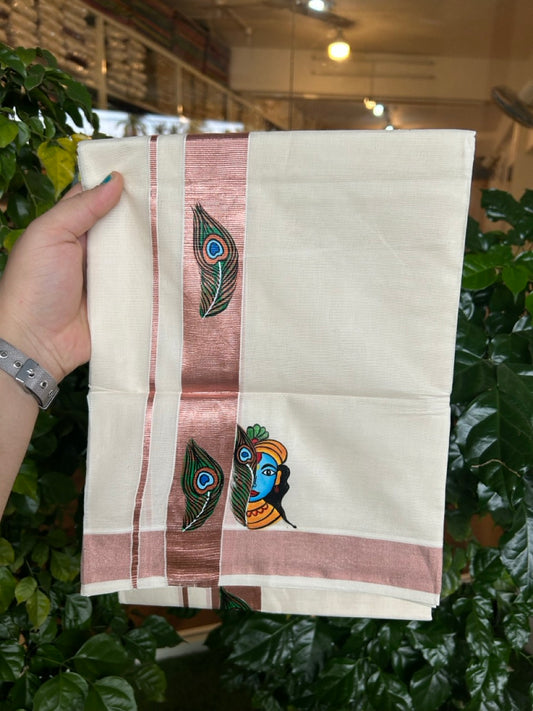 24% Discount! KaithariKada 100% Cotton Double Off white - (Ubleached) Mundu / Dhoti - 100x80 1.5 inch Copper Silver Kasavu & Hand Painted Krishna Peacock - 26 KK5259 CKS