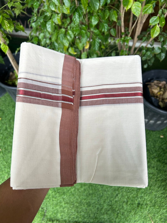31% DISCOUNT!! KaithariKada HANDLOOM Millpaav Balaramapuram - 100% PURE Cotton OFF White Double - (Unbleached) Mundu/Dothi - 1.75 Inch Silver Red Kasav Brown kara - 26kk5153RAM