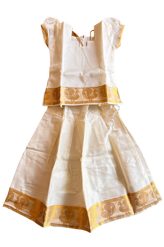 Midukki-Traditional South Indian Kids Pattu Pavada-  offwhite top  offwhite skirt with kasavu- Age 3 - KK3MID0026