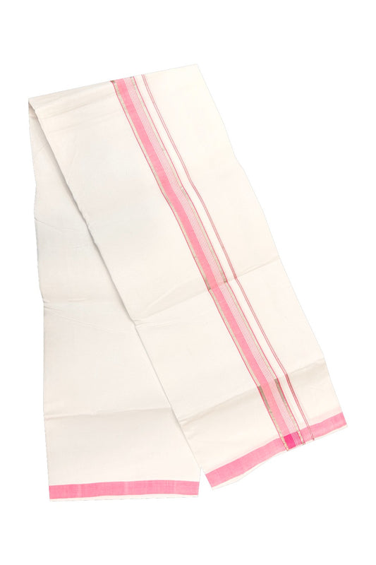 30% OFFER! KaithariKada 100% Cotton Balaramapuram HANDLOOM Single PURE WHITE Mundu/Dhoti - 2 inch (2 meter / 4 muzham) Pink Silver Kasavu Kara & White Stripes Design - 26KAI.
