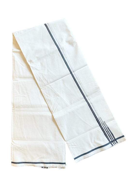 28% DISCOUNT ! KaithariKada Balaramapuram 100%  COTTON SINGLE OFF WHITE - (Unbleached) Mundu/Dhoti-100X100-  0.25 Inch  double chutty Black & Silver Kasavu Puliyilakkara Stripes(2 meter / 4 muzham) - 26KK411ASH