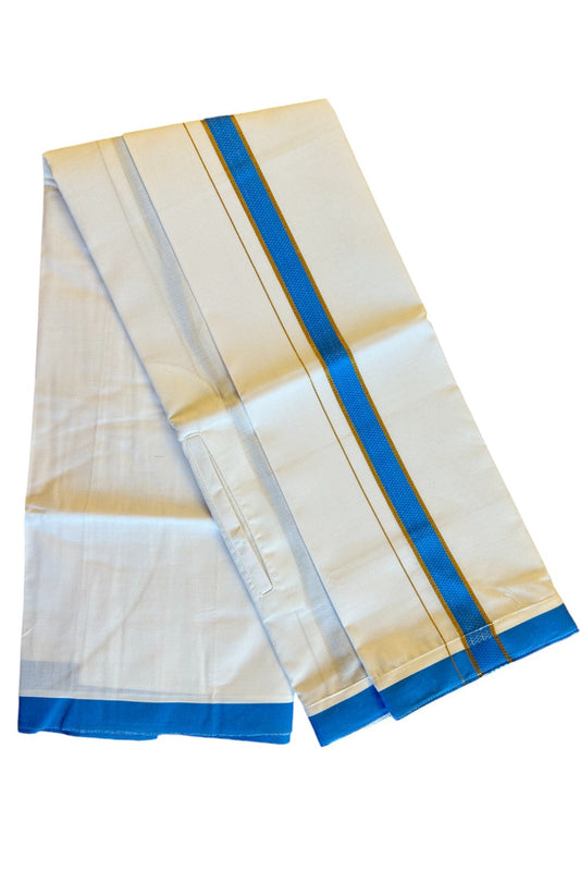 KaithariKada Balaramapuram COTTON SINGLE PURE WHITE VELCRO Mundu/Dhoti - 1.75inch Blue & Side Kasavu kara  (2 metre / 4 muzham)- 26KK485SRI