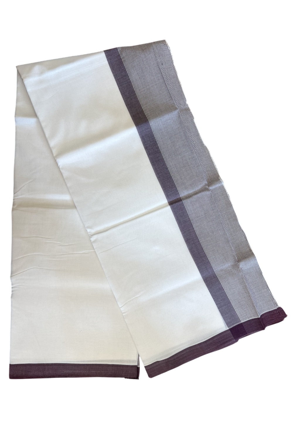 27% DISCOUNT!! KaithariKada Balaramapuram 100% Cotton PURE WHITE Double Mundu/Dhoti-100x100 -  5.25 inch Wine Purple & white striped kara - 26KK5043ASH