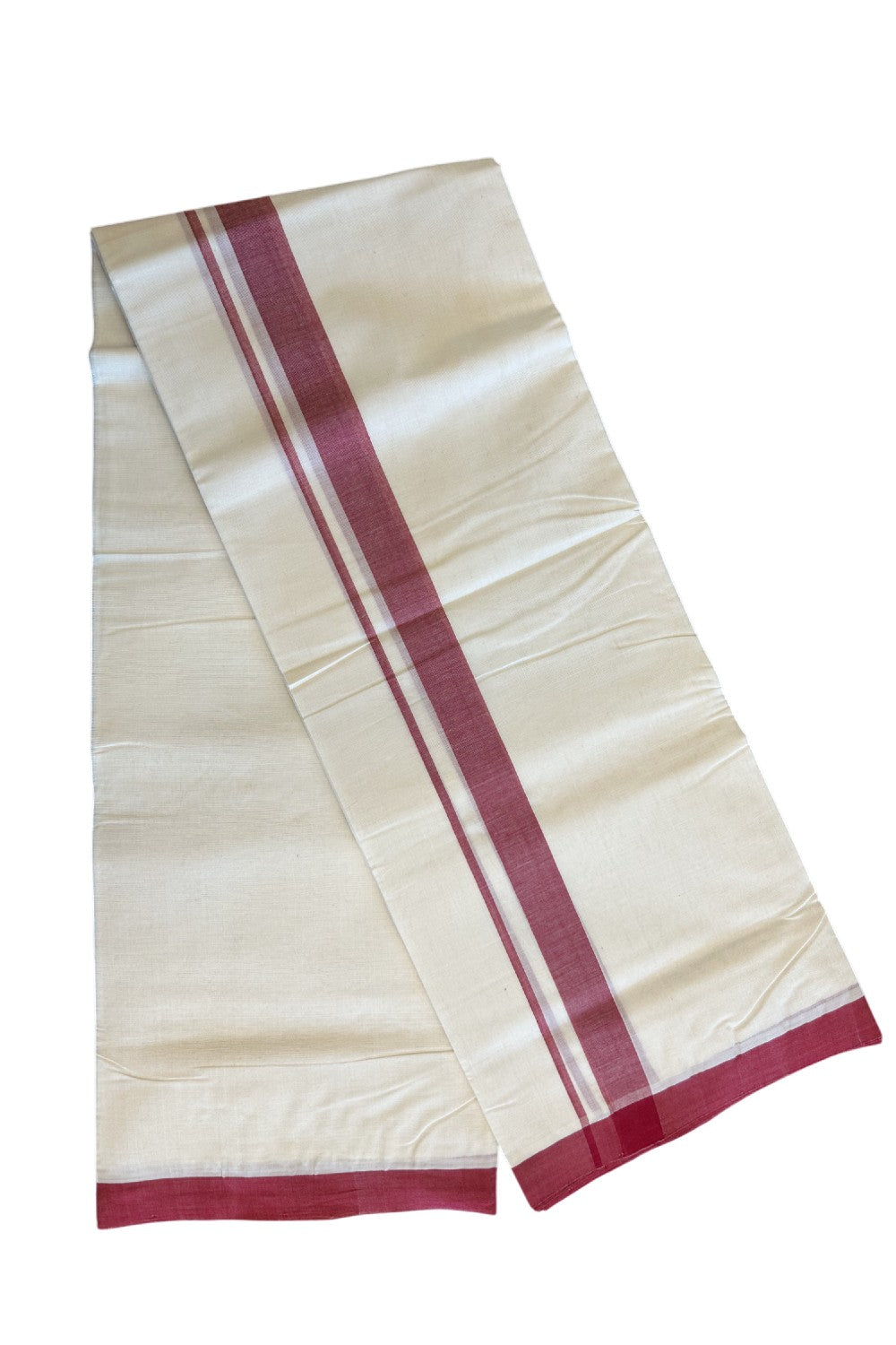 30% Discount! KaithariKada Balaramapuram Handloom 100% Millpaav Cotton Double Mundu/Dhoti Off white (Unbleached) - 100x100 1.5inch Brick Red Mulloth Border 3.62m (8 Muzham) - 4KK420RAM