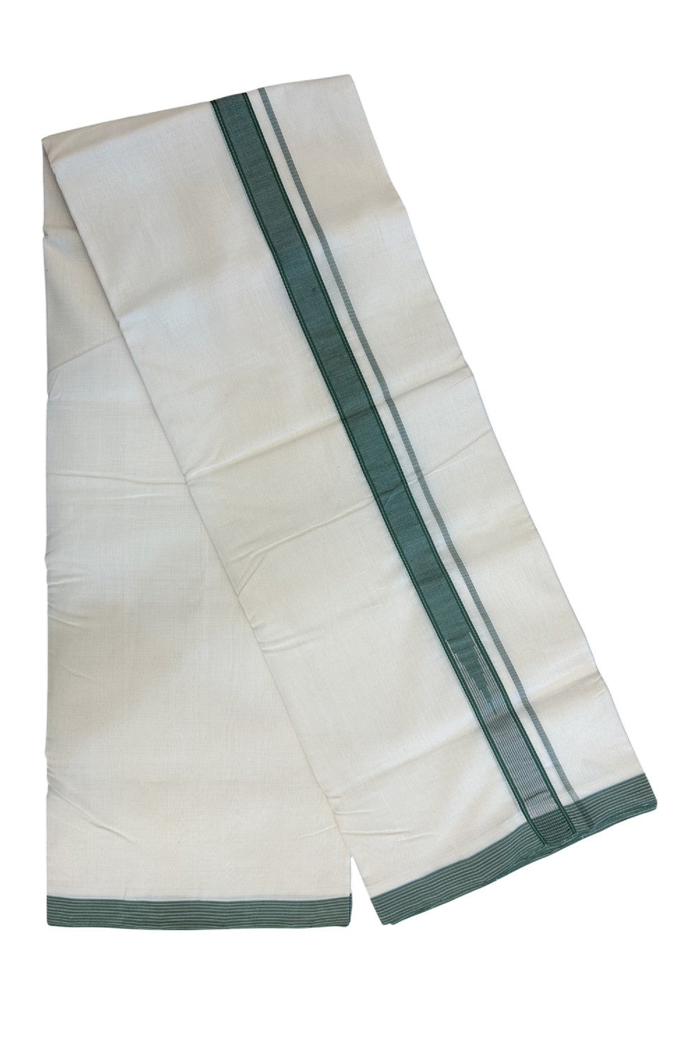 25% DISCOUNT!! KaithariKada HANDLOOM  UNAKKUPAAV Balaramapuram - 100% PURE Cotton OFF White - (Unbleached) Double Mundu/Dothi - 100x100 - Puliyilakkara 1 inch Green & Light grey striped chutty 3.80 meter (8.5 Muzham) - 10KK5167REA