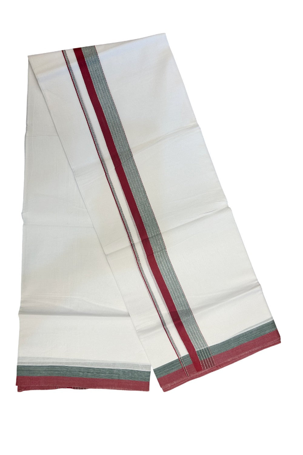 20% DISCOUNT ! KaithariKada Balaramapuram 100% Cotton Double PURE WHITE Mundu/Dhoti - 100X80 - 1.5 inch Silver kasavu Peach Maroon & Green Shaded Stripes kara - 25KK5172PMC