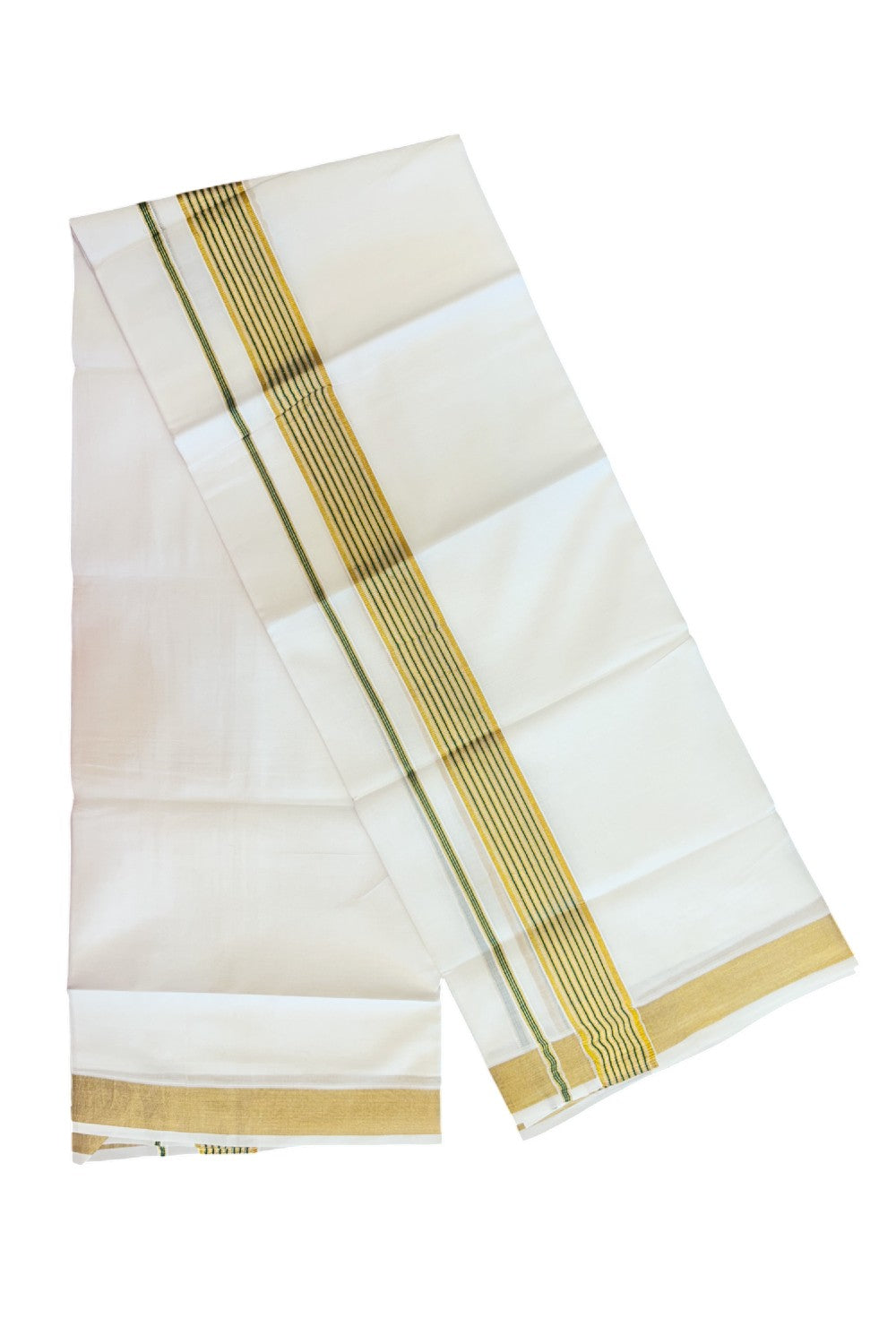 20% DISCOUNT! Kaitharikada Balaramapuram 100% Cotton PURE WHITE Double Mundu/Dothi- 80x80 - 1.75 Inch Gold Kasavu & Blue Green striped Kara -26KK5182VAS