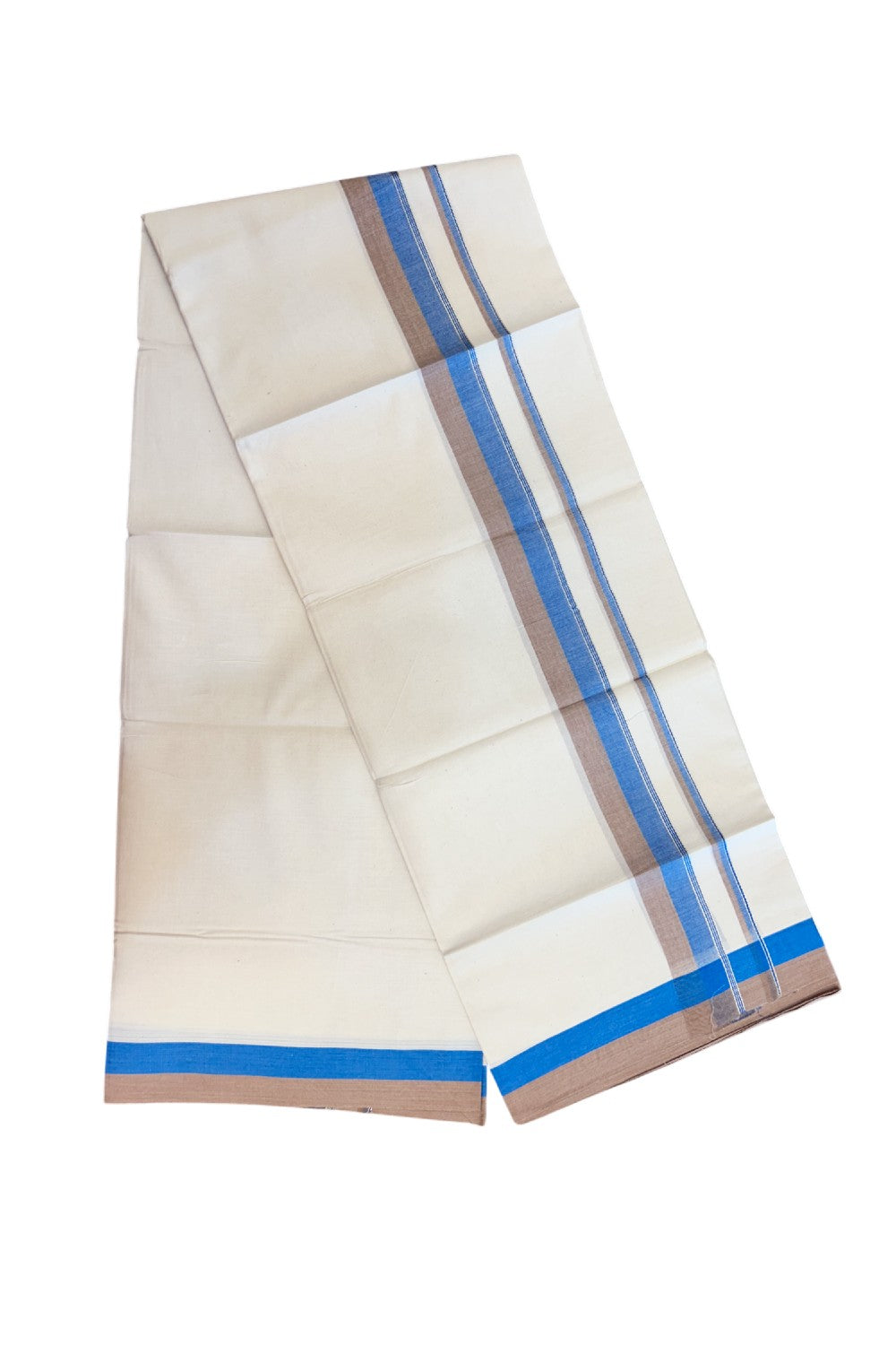20% DISCOUNT !! KaithariKada Balaramapuram 100% Pure Cotton Double Off white - (Unbleached) Mundu/Dhoti-100x100 - 1.5 inch Puliyilakkara Silver Kasavu Blue & Brown Shaded Stripes Kara - 26KK5186CKS
