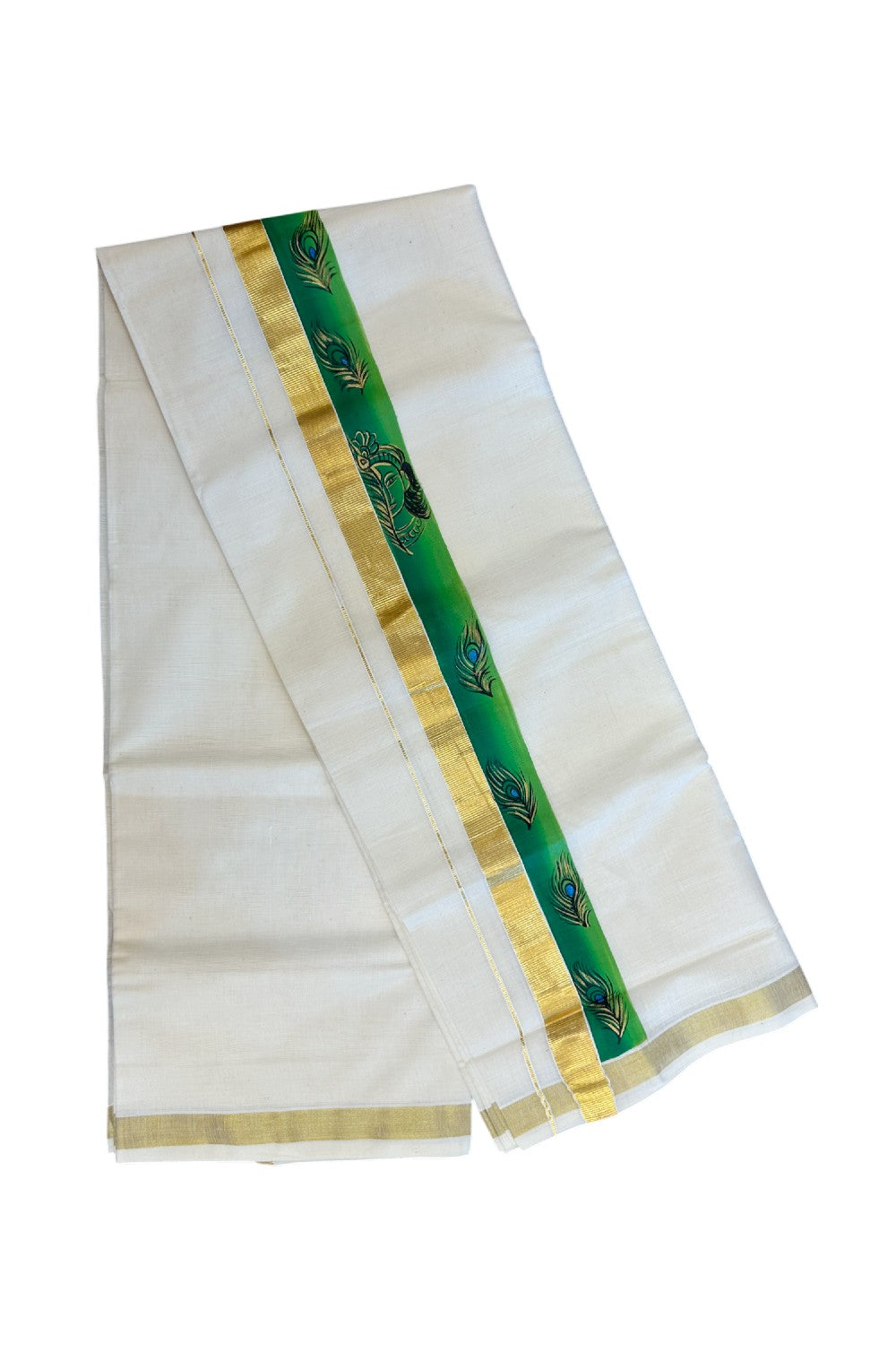 29% Discount! KaithariKada Balaramapuram 100% Cotton off white Double - (Unbleached) Mundu/Dhoti- 80x90 - Gold Kasavu HAND PAINT Dark Green & Light Green Peacock Feather Krishna Pattern 2.25 inch Kara - 26KK5212 VIN