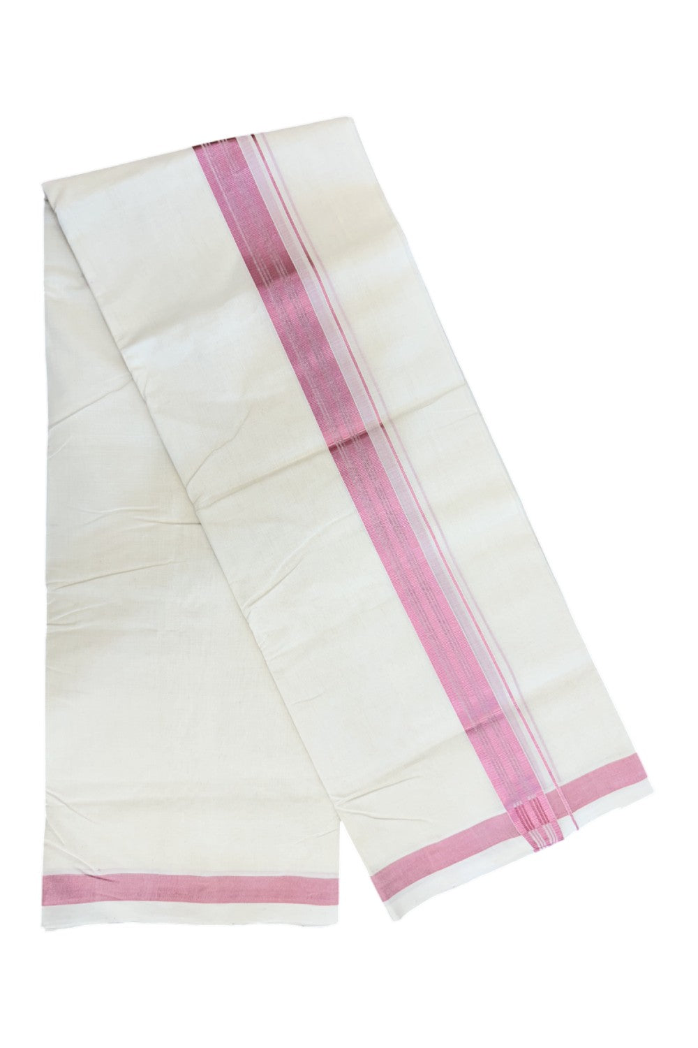 25% Discount! KaithariKada HANDLOOM MILLPAAV Balaramapuram - 100% PURE Cotton OFF White (Unbleached) Double Mundu/Dothi -80x90 - 1.5 inch ROSE PINK Kasav Striped kara 4 mtr (8.5 muzham) - 26KK5234 RAM