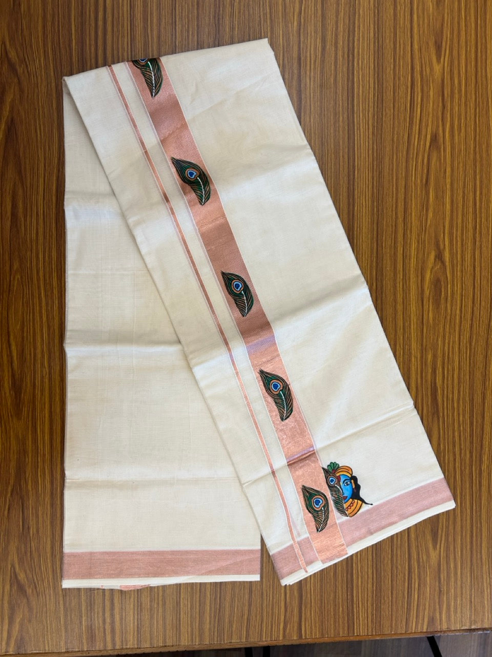 24% Discount! KaithariKada 100% Cotton Double Off white - (Ubleached) Mundu / Dhoti - 100x80 1.5 inch Copper Silver Kasavu & Hand Painted Krishna Peacock - 26 KK5259 CKS