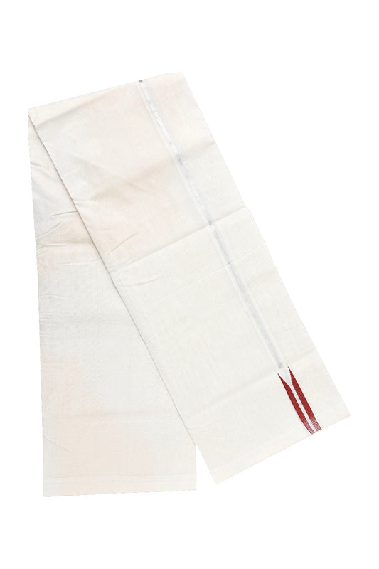 30% DISCOUNT! KaithariKada BALARAMAPURAM HANDLOOM Unakkupaav- 100% PURE Cotton 100x100 Double Mundu/Dhoti OFF WHITE (Unbleached) - PULIYILAKKARA Silver Kasavu & Brick Red Chutty KARA- 26RAM