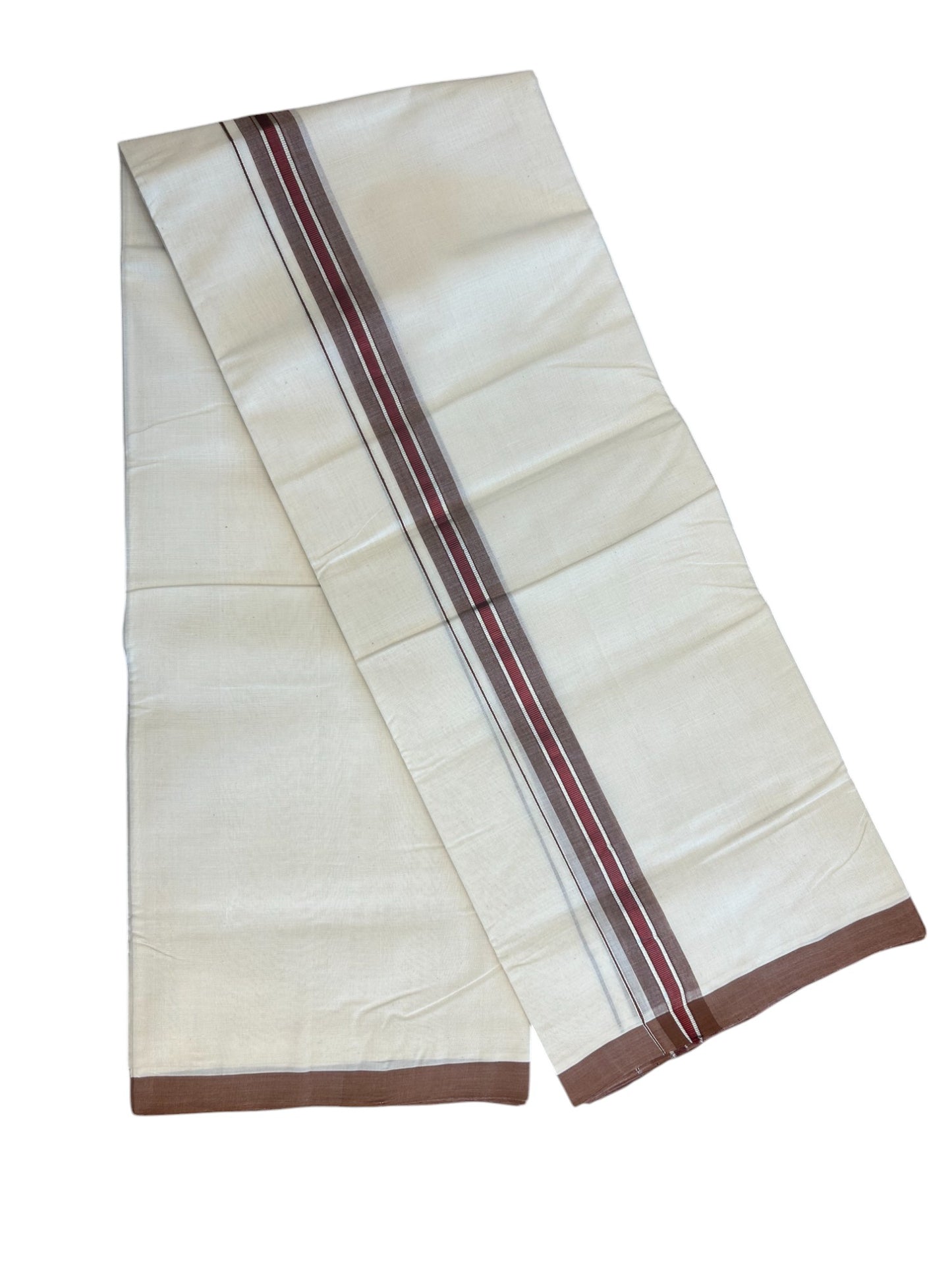 31% DISCOUNT!! KaithariKada HANDLOOM Millpaav Balaramapuram - 100% PURE Cotton OFF White Double - (Unbleached) Mundu/Dothi - 1.75 Inch Silver Red Kasav Brown kara - 26kk5153RAM