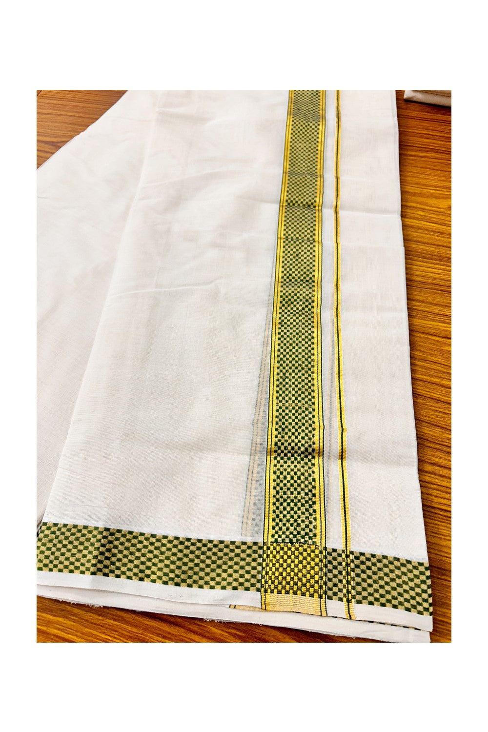 30% DISCOUNT ! KaithariKada HANDLOOM Unakkupaav Balaramapuram - 100% PURE Cotton 3.75 Meter Off White (Unbleached) Double Mundu/Dhoti - Green Check & KASAVU DESIGN 2.5 Inch  KARA 3 mtr - ABH26