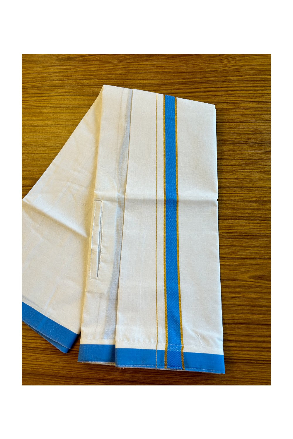 KaithariKada Balaramapuram COTTON SINGLE PURE WHITE VELCRO Mundu/Dhoti - 1.75inch Blue & Side Kasavu kara  (2 metre / 4 muzham)- 26KK485SRI
